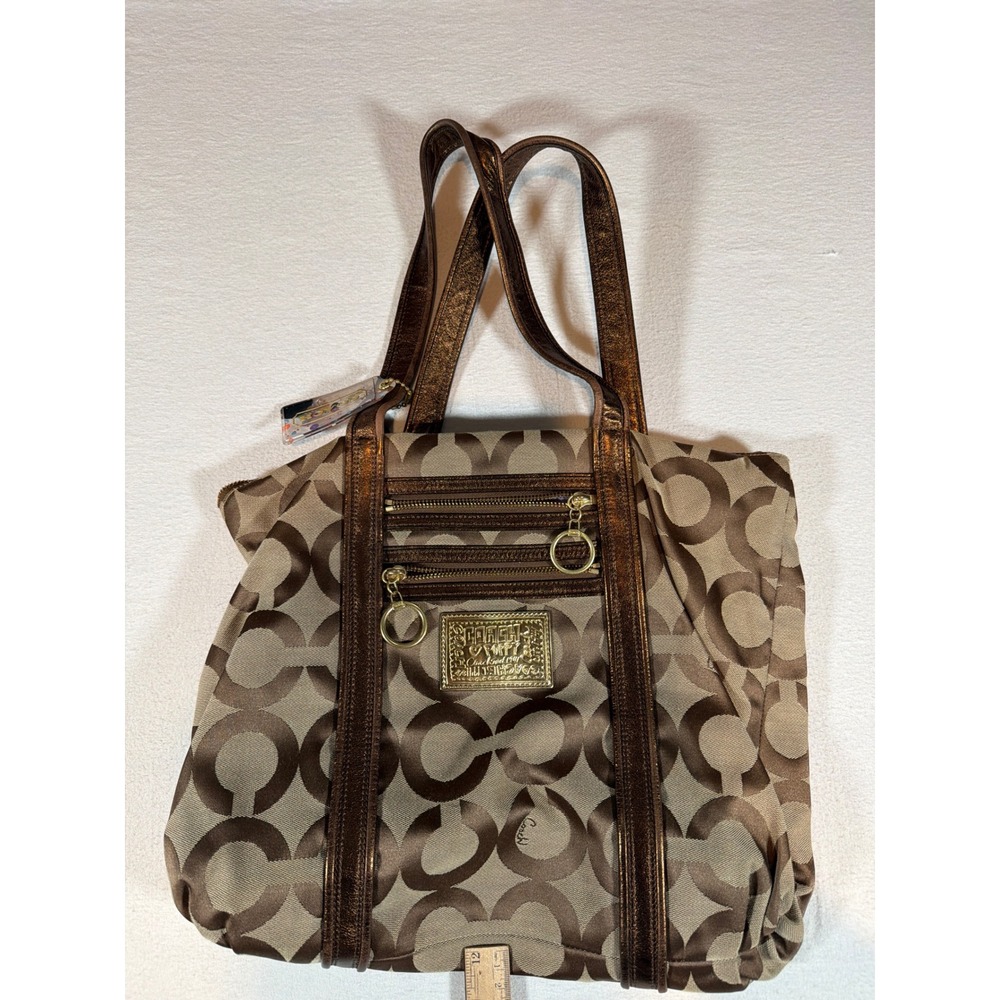 Coach Poppy Signature Satchel Tote Bag Bronze Brown Metallic Jacquard 15307